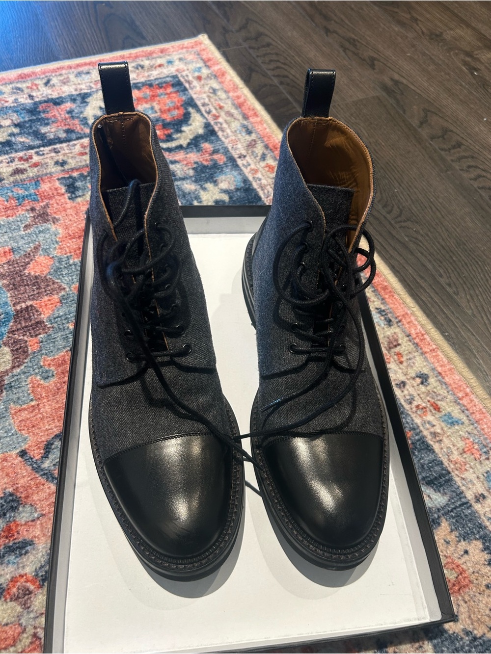 Taft Black Leather Cap-Toe Gray Fabric Lace-Up Boots
